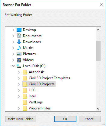 escolha a pasta de arquivos dos data shortcuts no civil 3d