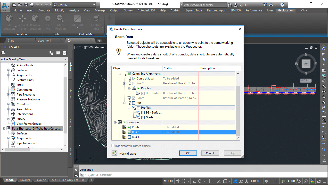 Escolha os objetos que serão transformados em Data Shortcuts no Civil 3D