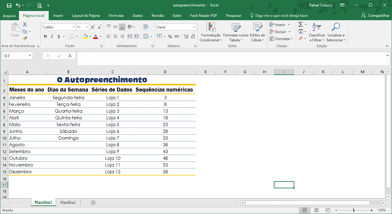 Resultado final após uso das diferentes formas de Autopreenchimento no Excel.